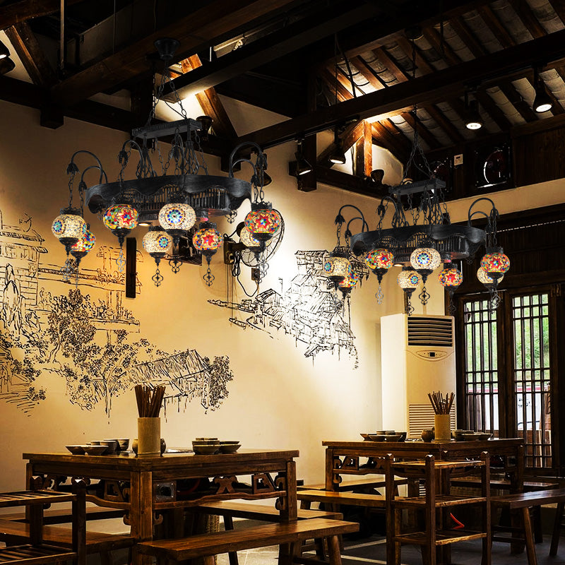 8 Heads Globe Hanging Lighting Bohemia Iron Stained Glass Chandelier Pendant Lamp for Restaurant Clearhalo 'Ceiling Lights' 'Chandeliers' Lighting' options 367954
