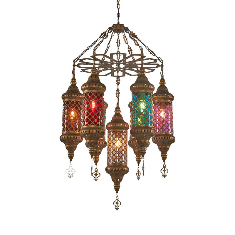 Brass Cylinder Pendant Lighting Industrial Stained Glass 7 Bulbs Restaurant Ceiling Chandelier Clearhalo 'Ceiling Lights' 'Chandeliers' Lighting' options 367960
