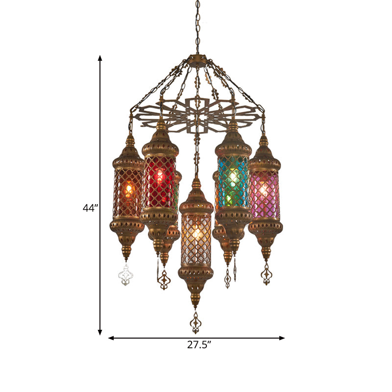 Brass Cylinder Pendant Lighting Industrial Stained Glass 7 Bulbs Restaurant Ceiling Chandelier Clearhalo 'Ceiling Lights' 'Chandeliers' Lighting' options 367961