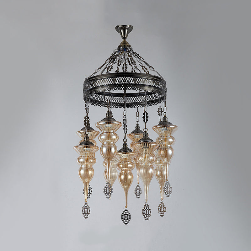 9 Bulbs Pendant Chandelier Traditional Coffee Shop Suspension Lighting Fixture with Jar Tan Ribbing Glass Shade Clearhalo 'Ceiling Lights' 'Chandeliers' Lighting' options 367970
