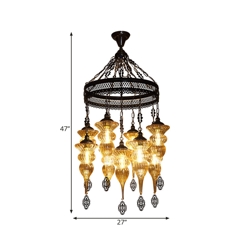 9 Bulbs Pendant Chandelier Traditional Coffee Shop Suspension Lighting Fixture with Jar Tan Ribbing Glass Shade Clearhalo 'Ceiling Lights' 'Chandeliers' Lighting' options 367971