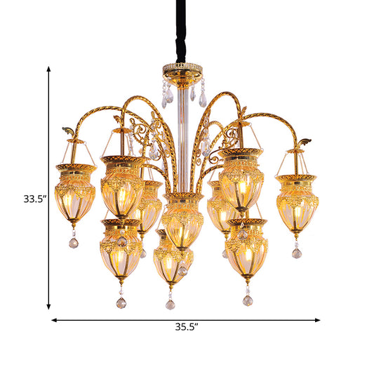 Gold Urn Ceiling Chandelier Art Deco Tan Prismatic Glass 10 Heads Living Room Suspension Pendant with Crystal Accent Clearhalo 'Ceiling Lights' 'Chandeliers' Lighting' options 367976