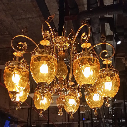 8 Bulbs Urn Pendant Chandelier Traditional Gold Dimpled Glass Hanging Ceiling Light for Restaurant Clearhalo 'Ceiling Lights' 'Chandeliers' Lighting' options 367978