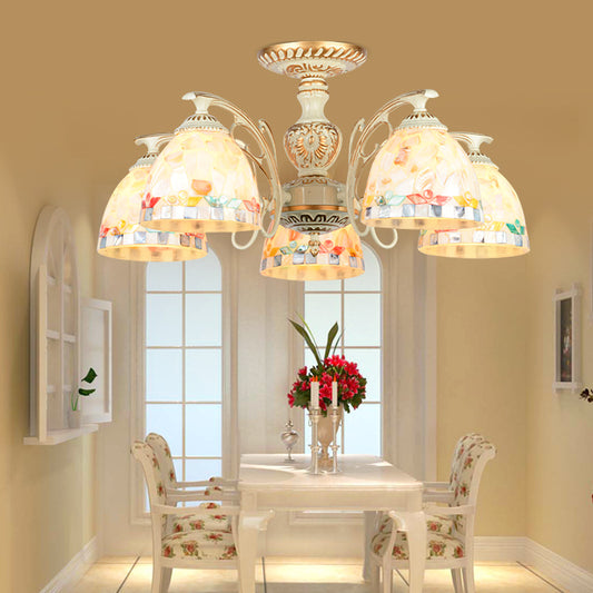 3/5/6 Lights Bowl Ceiling Light Fixture Traditional Shell Chandelier Lighting in Beige for Dining Room 5 Beige Clearhalo 'Ceiling Lights' 'Chandeliers' 'Close To Ceiling Lights' 'Close to ceiling' 'Glass shade' 'Glass' 'Semi-flushmount' 'Tiffany close to ceiling' 'Tiffany' Lighting' 36797