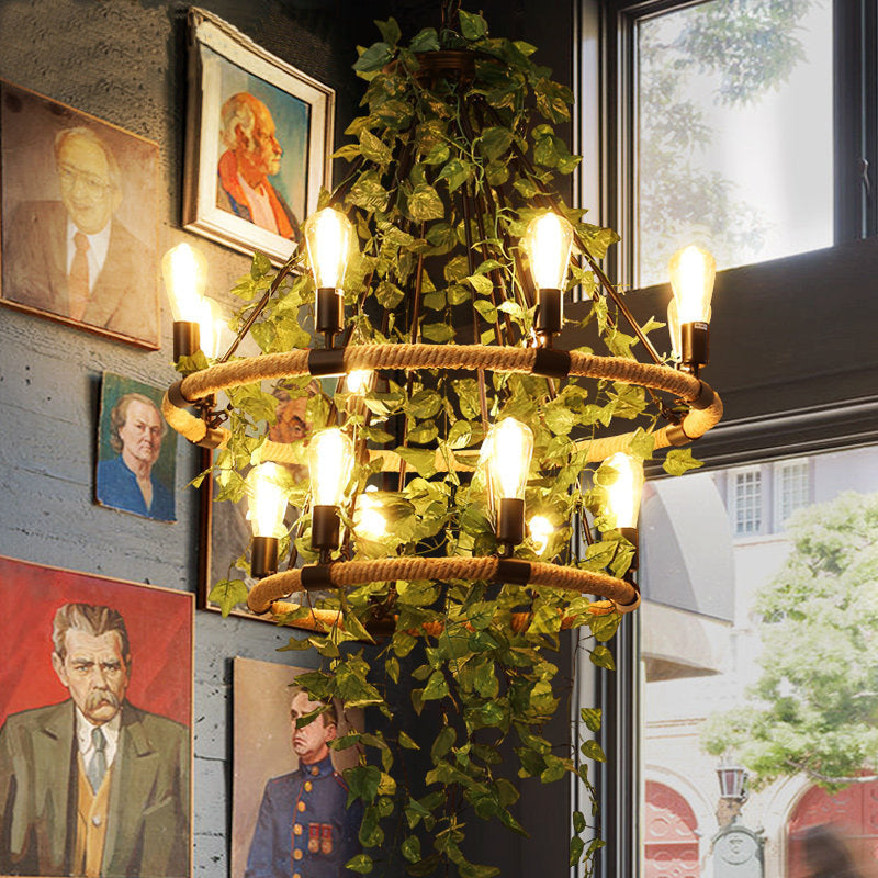 Green 6/8/14 Heads Suspension Lighting Industrial Metal Round Chandelier Light with Plant Decoration Clearhalo 'Cast Iron' 'Ceiling Lights' 'Chandeliers' 'Industrial Chandeliers' 'Industrial' 'Metal' 'Middle Century Chandeliers' 'Rustic Chandeliers' 'Tiffany' Lighting' 367988