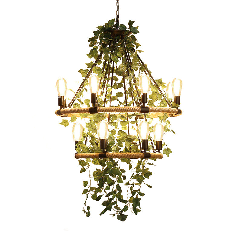 Green 6/8/14 Heads Suspension Lighting Industrial Metal Round Chandelier Light with Plant Decoration Clearhalo 'Cast Iron' 'Ceiling Lights' 'Chandeliers' 'Industrial Chandeliers' 'Industrial' 'Metal' 'Middle Century Chandeliers' 'Rustic Chandeliers' 'Tiffany' Lighting' 367989