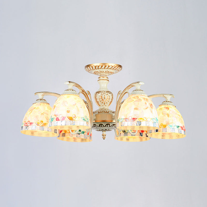 3/5/6 Lights Bowl Ceiling Light Fixture Traditional Shell Chandelier Lighting in Beige for Dining Room Clearhalo 'Ceiling Lights' 'Chandeliers' 'Close To Ceiling Lights' 'Close to ceiling' 'Glass shade' 'Glass' 'Semi-flushmount' 'Tiffany close to ceiling' 'Tiffany' Lighting' 36799