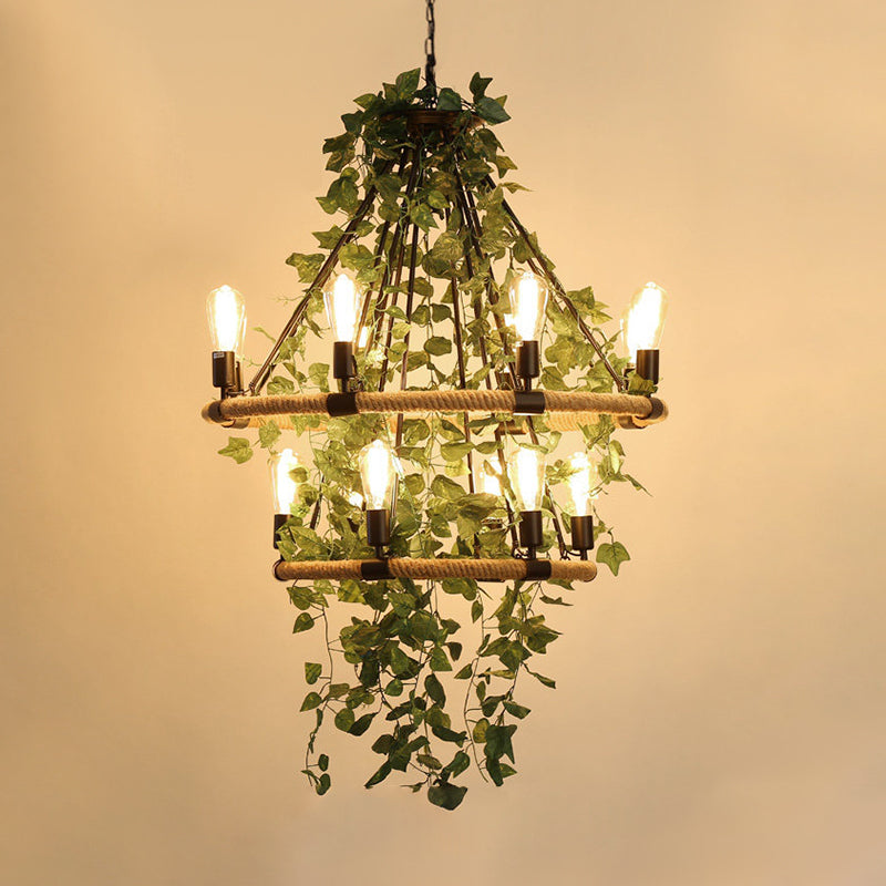 Green 6/8/14 Heads Suspension Lighting Industrial Metal Round Chandelier Light with Plant Decoration Clearhalo 'Cast Iron' 'Ceiling Lights' 'Chandeliers' 'Industrial Chandeliers' 'Industrial' 'Metal' 'Middle Century Chandeliers' 'Rustic Chandeliers' 'Tiffany' Lighting' 367990