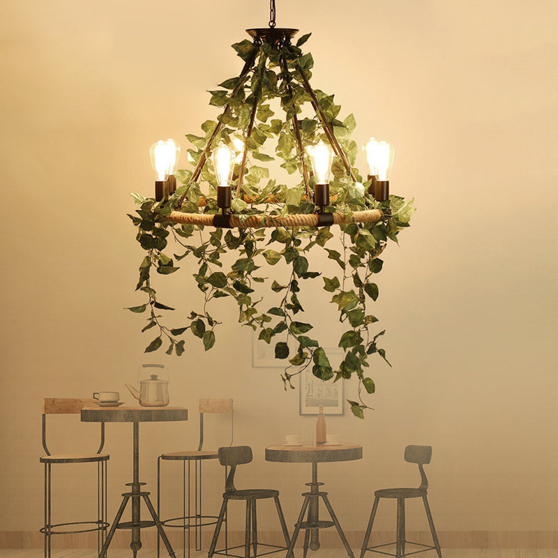 Green 6/8/14 Heads Suspension Lighting Industrial Metal Round Chandelier Light with Plant Decoration 8 Green Clearhalo 'Cast Iron' 'Ceiling Lights' 'Chandeliers' 'Industrial Chandeliers' 'Industrial' 'Metal' 'Middle Century Chandeliers' 'Rustic Chandeliers' 'Tiffany' Lighting' 367992