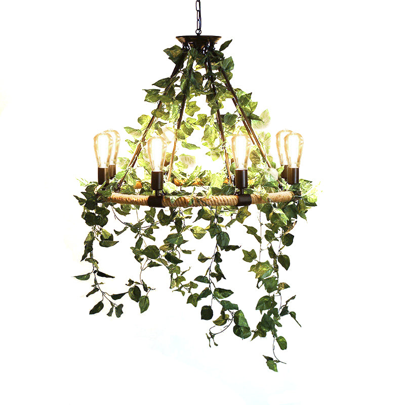 Green 6/8/14 Heads Suspension Lighting Industrial Metal Round Chandelier Light with Plant Decoration Clearhalo 'Cast Iron' 'Ceiling Lights' 'Chandeliers' 'Industrial Chandeliers' 'Industrial' 'Metal' 'Middle Century Chandeliers' 'Rustic Chandeliers' 'Tiffany' Lighting' 367993