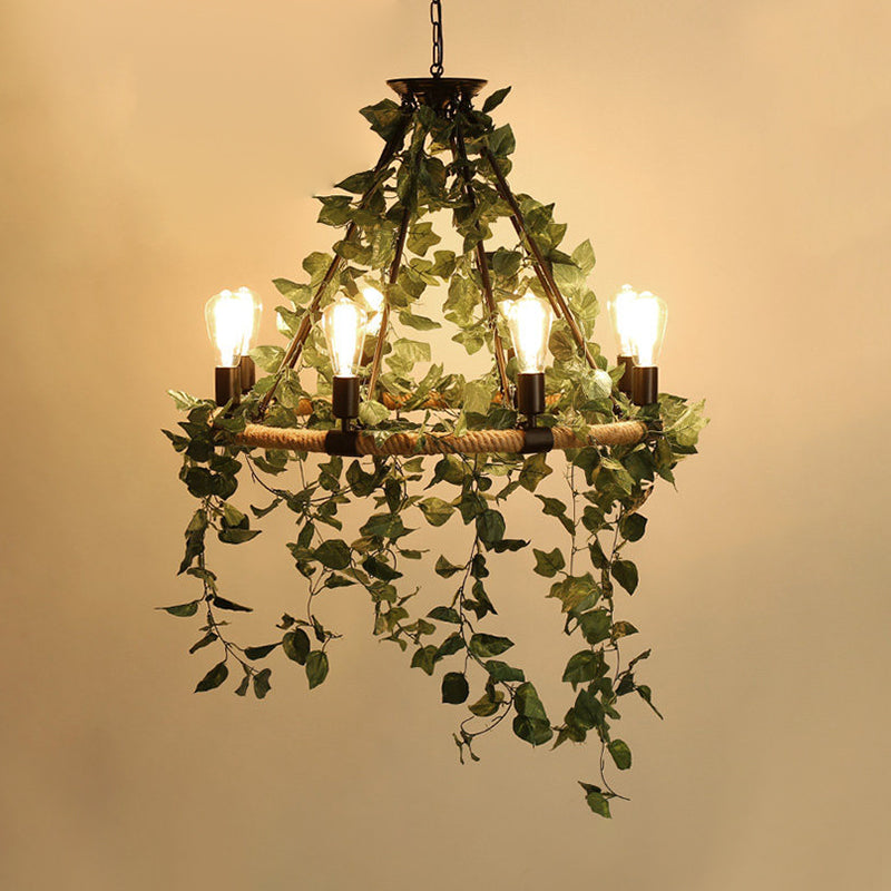 Green 6/8/14 Heads Suspension Lighting Industrial Metal Round Chandelier Light with Plant Decoration Clearhalo 'Cast Iron' 'Ceiling Lights' 'Chandeliers' 'Industrial Chandeliers' 'Industrial' 'Metal' 'Middle Century Chandeliers' 'Rustic Chandeliers' 'Tiffany' Lighting' 367994