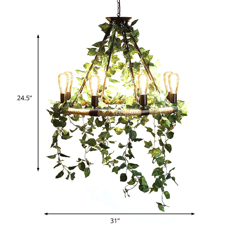 Green 6/8/14 Heads Suspension Lighting Industrial Metal Round Chandelier Light with Plant Decoration Clearhalo 'Cast Iron' 'Ceiling Lights' 'Chandeliers' 'Industrial Chandeliers' 'Industrial' 'Metal' 'Middle Century Chandeliers' 'Rustic Chandeliers' 'Tiffany' Lighting' 367995