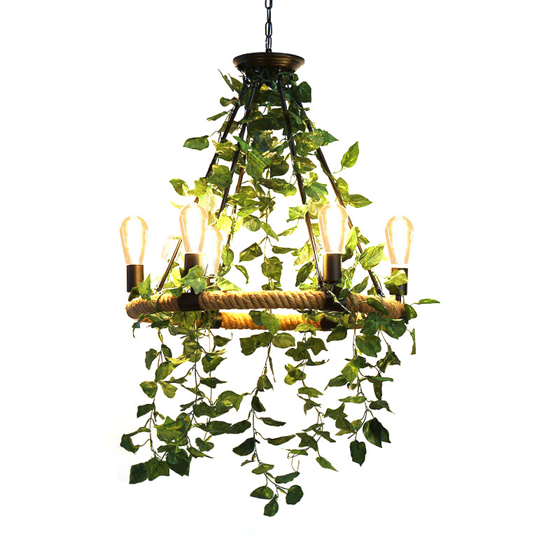 Green 6/8/14 Heads Suspension Lighting Industrial Metal Round Chandelier Light with Plant Decoration Clearhalo 'Cast Iron' 'Ceiling Lights' 'Chandeliers' 'Industrial Chandeliers' 'Industrial' 'Metal' 'Middle Century Chandeliers' 'Rustic Chandeliers' 'Tiffany' Lighting' 367997