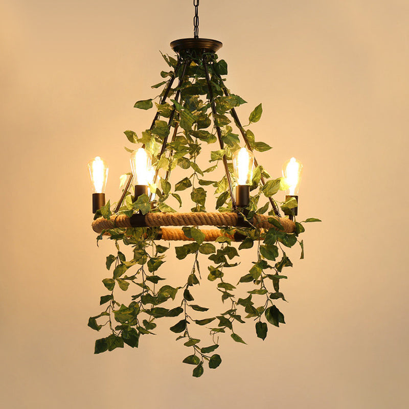 Green 6/8/14 Heads Suspension Lighting Industrial Metal Round Chandelier Light with Plant Decoration Clearhalo 'Cast Iron' 'Ceiling Lights' 'Chandeliers' 'Industrial Chandeliers' 'Industrial' 'Metal' 'Middle Century Chandeliers' 'Rustic Chandeliers' 'Tiffany' Lighting' 367998