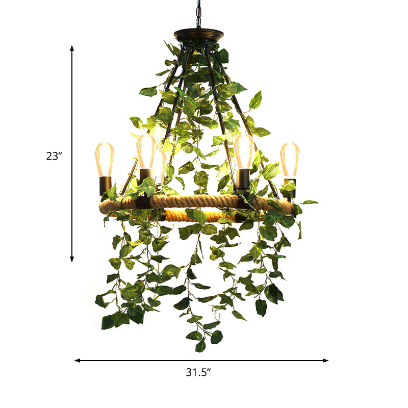 Green 6/8/14 Heads Suspension Lighting Industrial Metal Round Chandelier Light with Plant Decoration Clearhalo 'Cast Iron' 'Ceiling Lights' 'Chandeliers' 'Industrial Chandeliers' 'Industrial' 'Metal' 'Middle Century Chandeliers' 'Rustic Chandeliers' 'Tiffany' Lighting' 367999