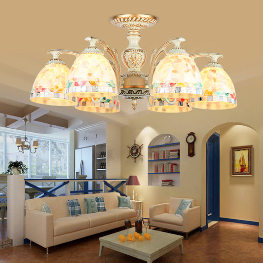 3/5/6 Lights Bowl Ceiling Light Fixture Traditional Shell Chandelier Lighting in Beige for Dining Room 6 Beige Clearhalo 'Ceiling Lights' 'Chandeliers' 'Close To Ceiling Lights' 'Close to ceiling' 'Glass shade' 'Glass' 'Semi-flushmount' 'Tiffany close to ceiling' 'Tiffany' Lighting' 36800