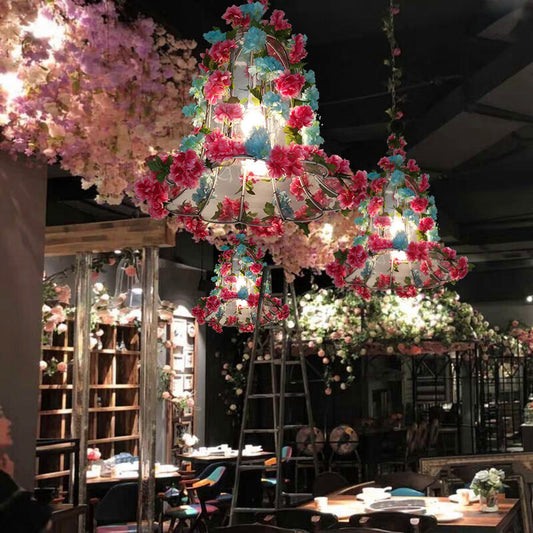 Pink Cherry Blossom Pendant Chandelier Retro Metal 3 Bulbs LED Restaurant Suspension Light Pink Clearhalo 'Cast Iron' 'Ceiling Lights' 'Chandeliers' 'Industrial Chandeliers' 'Industrial' 'Metal' 'Middle Century Chandeliers' 'Rustic Chandeliers' 'Tiffany' Lighting' 368017