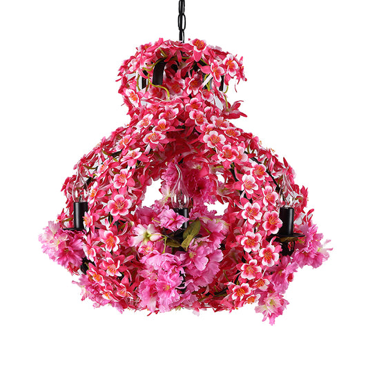 5 Lights Chandelier Lighting with Flower Metal Industrial LED Restaurant Drop Pendant in Pink Clearhalo 'Cast Iron' 'Ceiling Lights' 'Chandeliers' 'Industrial Chandeliers' 'Industrial' 'Metal' 'Middle Century Chandeliers' 'Rustic Chandeliers' 'Tiffany' Lighting' 368034