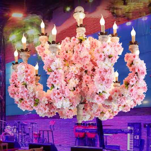 Candle Restaurant Chandelier Light Vintage Metal 15 Heads Pink Flower Pendant Lighting Fixture Pink Clearhalo 'Cast Iron' 'Ceiling Lights' 'Chandeliers' 'Industrial Chandeliers' 'Industrial' 'Metal' 'Middle Century Chandeliers' 'Rustic Chandeliers' 'Tiffany' Lighting' 368036