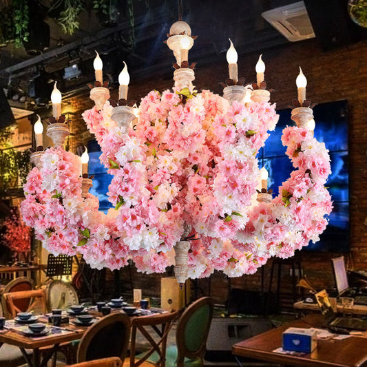 Candle Restaurant Chandelier Light Vintage Metal 15 Heads Pink Flower Pendant Lighting Fixture Clearhalo 'Cast Iron' 'Ceiling Lights' 'Chandeliers' 'Industrial Chandeliers' 'Industrial' 'Metal' 'Middle Century Chandeliers' 'Rustic Chandeliers' 'Tiffany' Lighting' 368037