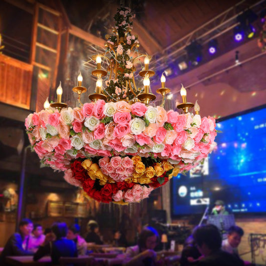 12 Lights Candle Chandelier Industrial Pink Flower Metal Pendant Light for Restaurant Clearhalo 'Cast Iron' 'Ceiling Lights' 'Chandeliers' 'Industrial Chandeliers' 'Industrial' 'Metal' 'Middle Century Chandeliers' 'Rustic Chandeliers' 'Tiffany' Lighting' 368048