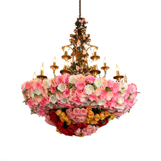 12 Lights Candle Chandelier Industrial Pink Flower Metal Pendant Light for Restaurant Clearhalo 'Cast Iron' 'Ceiling Lights' 'Chandeliers' 'Industrial Chandeliers' 'Industrial' 'Metal' 'Middle Century Chandeliers' 'Rustic Chandeliers' 'Tiffany' Lighting' 368049