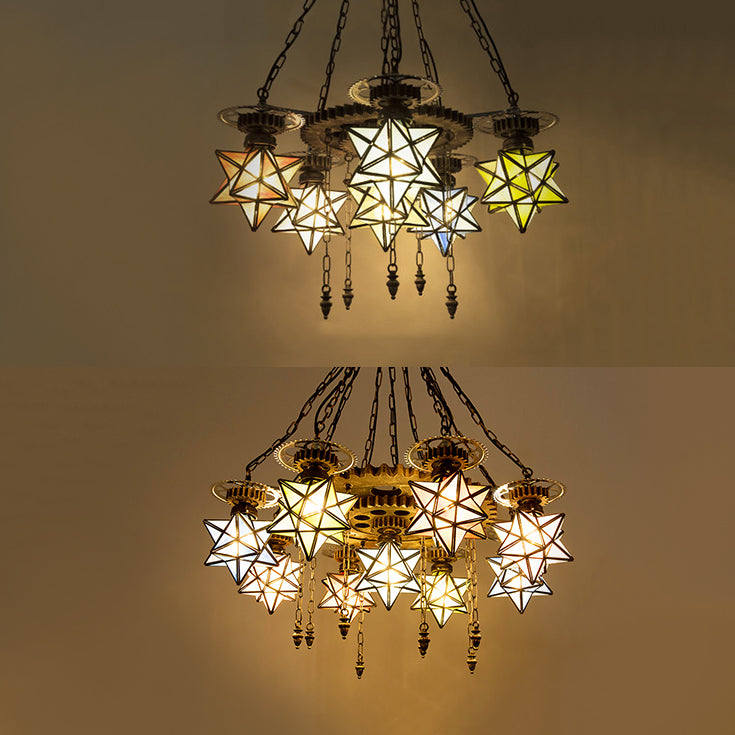 Stained Glass Star Pendant Light with Gear 6/9 Lights Chandelier Lamp in Rust for Restaurant Clearhalo 'Ceiling Lights' 'Chandeliers' 'Industrial' 'Middle Century Chandeliers' 'Tiffany Chandeliers' 'Tiffany close to ceiling' 'Tiffany' Lighting' 36858