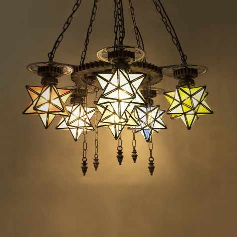 Stained Glass Star Pendant Light with Gear 6/9 Lights Chandelier Lamp in Rust for Restaurant 6 Rust Clearhalo 'Ceiling Lights' 'Chandeliers' 'Industrial' 'Middle Century Chandeliers' 'Tiffany Chandeliers' 'Tiffany close to ceiling' 'Tiffany' Lighting' 36859