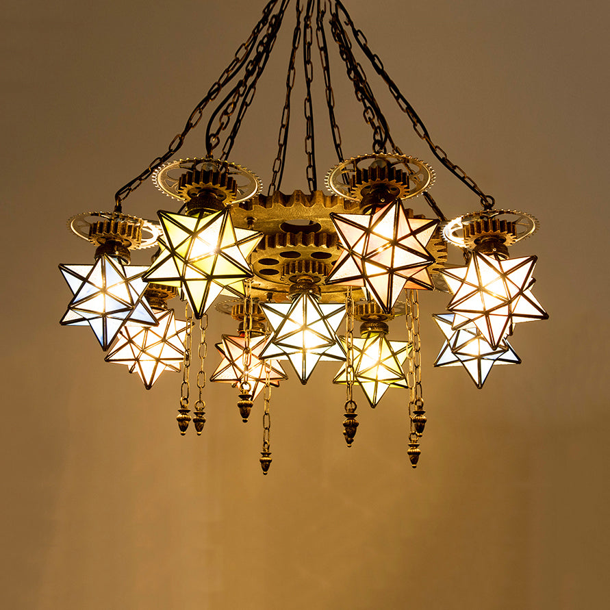 Stained Glass Star Pendant Light with Gear 6/9 Lights Chandelier Lamp in Rust for Restaurant 9 Rust Clearhalo 'Ceiling Lights' 'Chandeliers' 'Industrial' 'Middle Century Chandeliers' 'Tiffany Chandeliers' 'Tiffany close to ceiling' 'Tiffany' Lighting' 36860