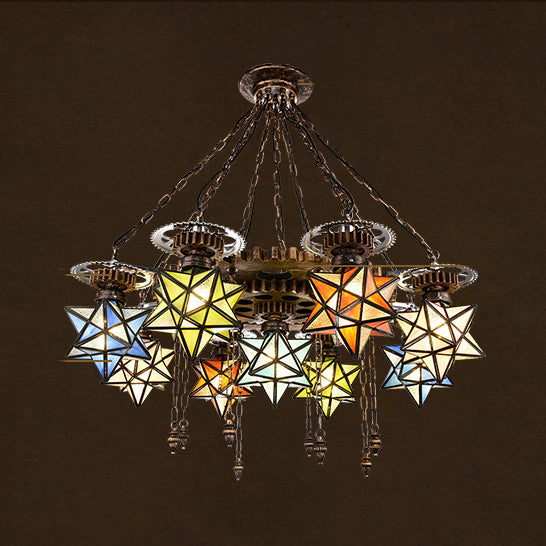 Stained Glass Star Pendant Light with Gear 6/9 Lights Chandelier Lamp in Rust for Restaurant Clearhalo 'Ceiling Lights' 'Chandeliers' 'Industrial' 'Middle Century Chandeliers' 'Tiffany Chandeliers' 'Tiffany close to ceiling' 'Tiffany' Lighting' 36861