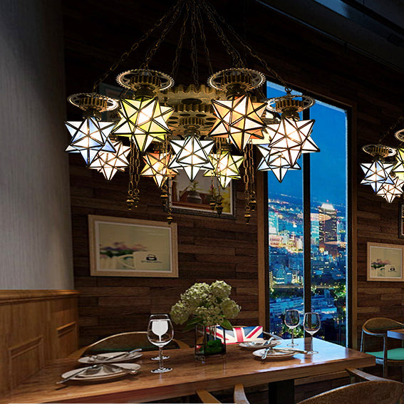 Stained Glass Star Pendant Light with Gear 6/9 Lights Chandelier Lamp in Rust for Restaurant Clearhalo 'Ceiling Lights' 'Chandeliers' 'Industrial' 'Middle Century Chandeliers' 'Tiffany Chandeliers' 'Tiffany close to ceiling' 'Tiffany' Lighting' 36862