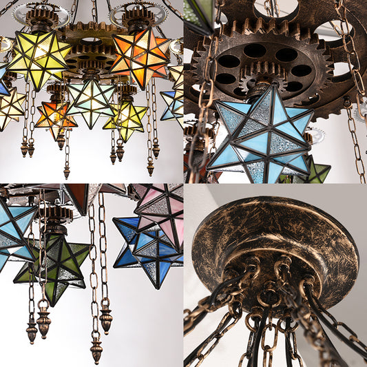 Stained Glass Star Pendant Light with Gear 6/9 Lights Chandelier Lamp in Rust for Restaurant Clearhalo 'Ceiling Lights' 'Chandeliers' 'Industrial' 'Middle Century Chandeliers' 'Tiffany Chandeliers' 'Tiffany close to ceiling' 'Tiffany' Lighting' 36863