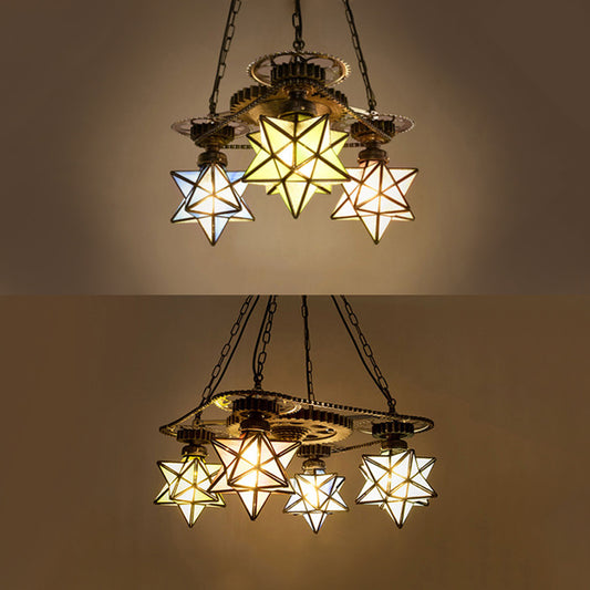 3/4 Lights Multi Color Star Ceiling Chandelier with Gear Rustic Tiffany Glass Pendant Light for Foyer Clearhalo 'Ceiling Lights' 'Chandeliers' 'Industrial' 'Middle Century Chandeliers' 'Tiffany Chandeliers' 'Tiffany close to ceiling' 'Tiffany' Lighting' 36865