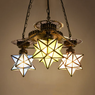 3/4 Lights Multi Color Star Ceiling Chandelier with Gear Rustic Tiffany Glass Pendant Light for Foyer 3 Rust Clearhalo 'Ceiling Lights' 'Chandeliers' 'Industrial' 'Middle Century Chandeliers' 'Tiffany Chandeliers' 'Tiffany close to ceiling' 'Tiffany' Lighting' 36866