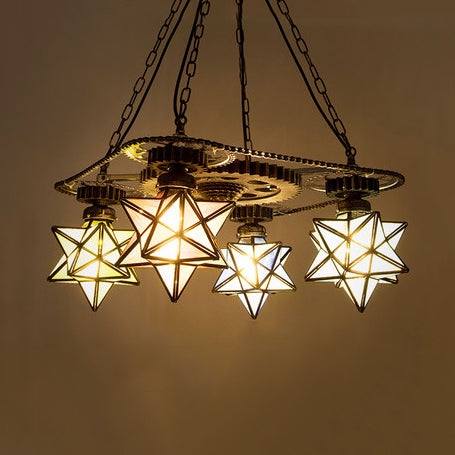 3/4 Lights Multi Color Star Ceiling Chandelier with Gear Rustic Tiffany Glass Pendant Light for Foyer 4 Rust Clearhalo 'Ceiling Lights' 'Chandeliers' 'Industrial' 'Middle Century Chandeliers' 'Tiffany Chandeliers' 'Tiffany close to ceiling' 'Tiffany' Lighting' 36867