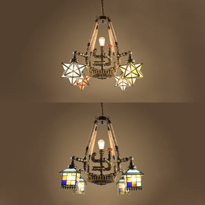 Pipe Hanging Chandelier with Gear Rustic Lodge Multi Light Stained Glass Suspension Light with Star/House Shape Clearhalo 'Ceiling Lights' 'Chandeliers' 'Industrial' 'Middle Century Chandeliers' 'Tiffany Chandeliers' 'Tiffany close to ceiling' 'Tiffany' Lighting' 36878