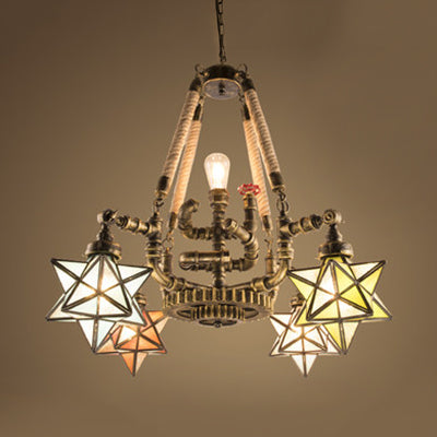 Pipe Hanging Chandelier with Gear Rustic Lodge Multi Light Stained Glass Suspension Light with Star/House Shape Antique Bronze Star Clearhalo 'Ceiling Lights' 'Chandeliers' 'Industrial' 'Middle Century Chandeliers' 'Tiffany Chandeliers' 'Tiffany close to ceiling' 'Tiffany' Lighting' 36879