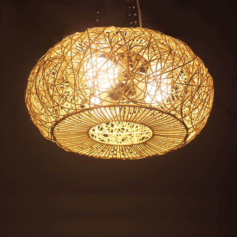 Lantern Chandelier Lighting Japanese Bamboo 3 Bulbs Beige Pendant Lighting Fixture Clearhalo 'Ceiling Lights' 'Chandeliers' Lighting' options 369044