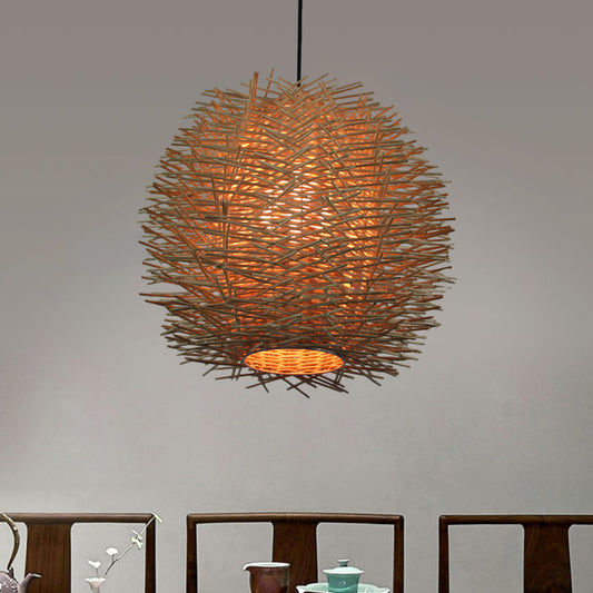 1 Bulb Handcrafted Ceiling Light Chinese Rattan Suspended Lighting Fixture in Beige Clearhalo 'Ceiling Lights' 'Pendant Lights' 'Pendants' Lighting' 369118