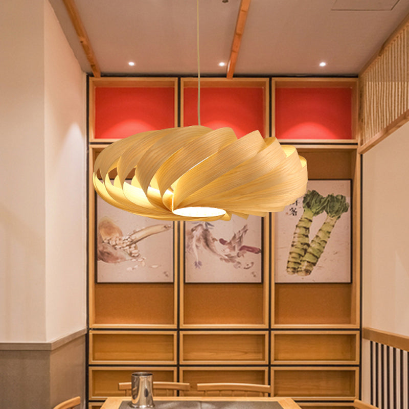 Swirl Wood Pendant Lighting Japanese 1 Head Beige Ceiling Suspension Lamp for Restaurant Clearhalo 'Ceiling Lights' 'Pendant Lights' 'Pendants' Lighting' 369213