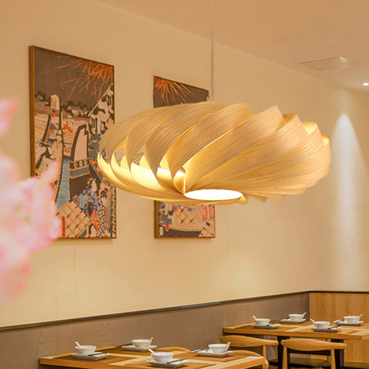 Swirl Wood Pendant Lighting Japanese 1 Head Beige Ceiling Suspension Lamp for Restaurant Clearhalo 'Ceiling Lights' 'Pendant Lights' 'Pendants' Lighting' 369214
