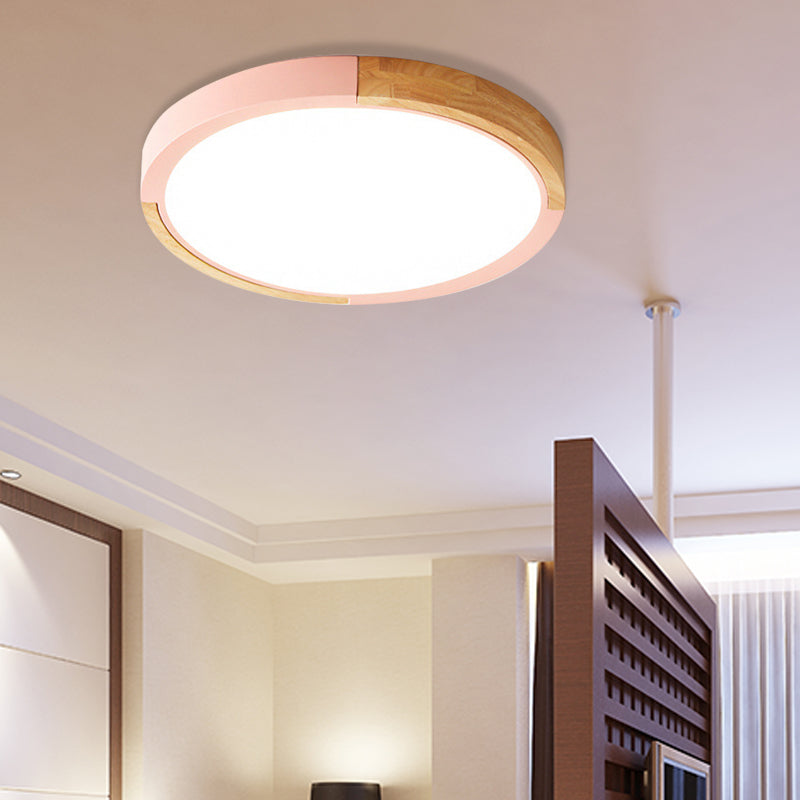 Nordic Style LED Ceiling Flush Black/Pink/White and Wood Splicing Disc Flush Mount Lighting with Acrylic Shade, Warm/White Light