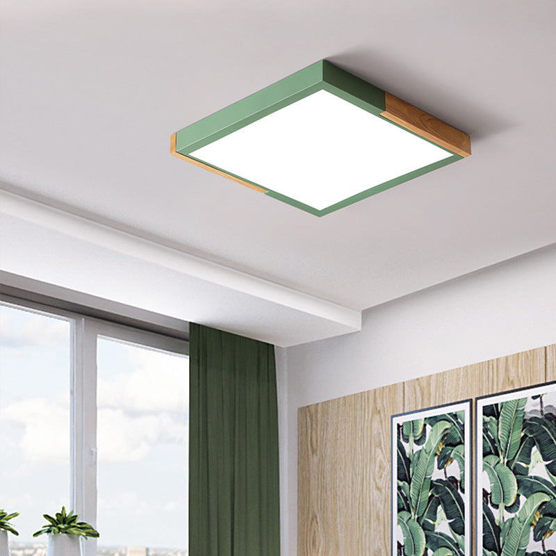 Spliced Square Flush Mount Light Nordic Metal Green/White/Black-Wood LED Ceiling Lighting in White/Warm/3 Color Light, 16"/19.5" Wide Clearhalo 'Ceiling Lights' 'Close To Ceiling Lights' 'Close to ceiling' 'Flush mount' Lighting' 369263