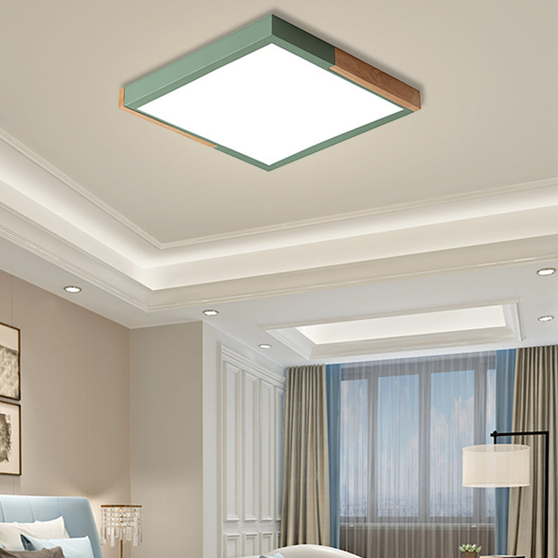 Spliced Square Flush Mount Light Nordic Metal Green/White/Black-Wood LED Ceiling Lighting in White/Warm/3 Color Light, 16"/19.5" Wide Green 19.5" Clearhalo 'Ceiling Lights' 'Close To Ceiling Lights' 'Close to ceiling' 'Flush mount' Lighting' 369267