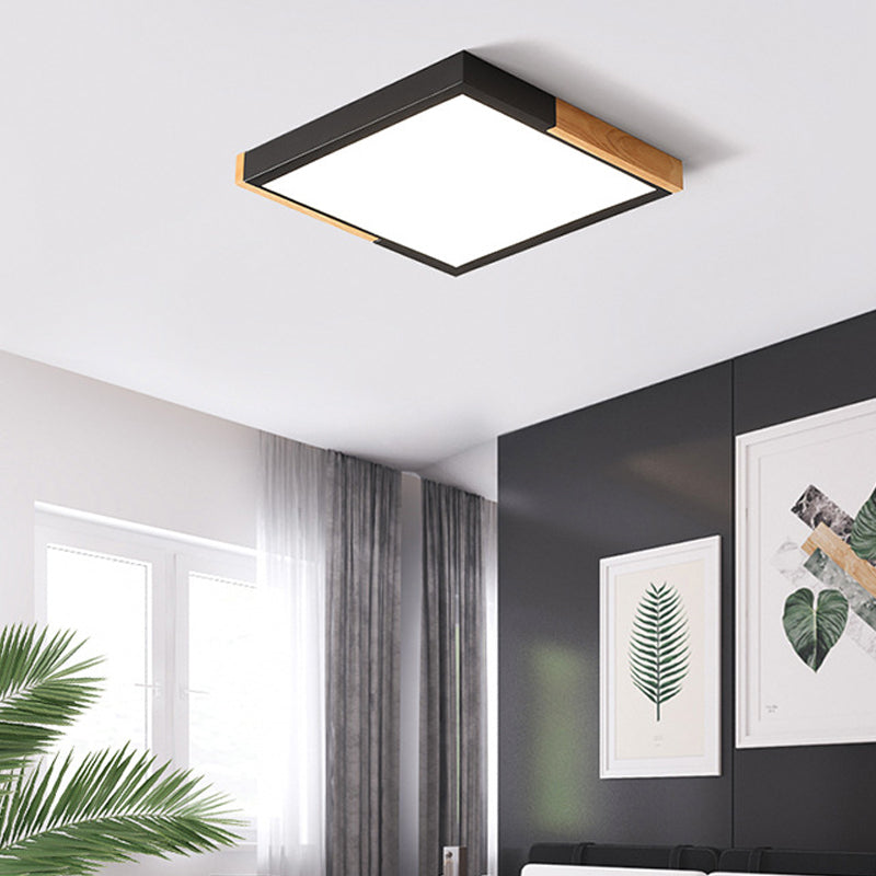 Spliced Square Flush Mount Light Nordic Metal Green/White/Black-Wood LED Ceiling Lighting in White/Warm/3 Color Light, 16"/19.5" Wide Black 16" Clearhalo 'Ceiling Lights' 'Close To Ceiling Lights' 'Close to ceiling' 'Flush mount' Lighting' 369270