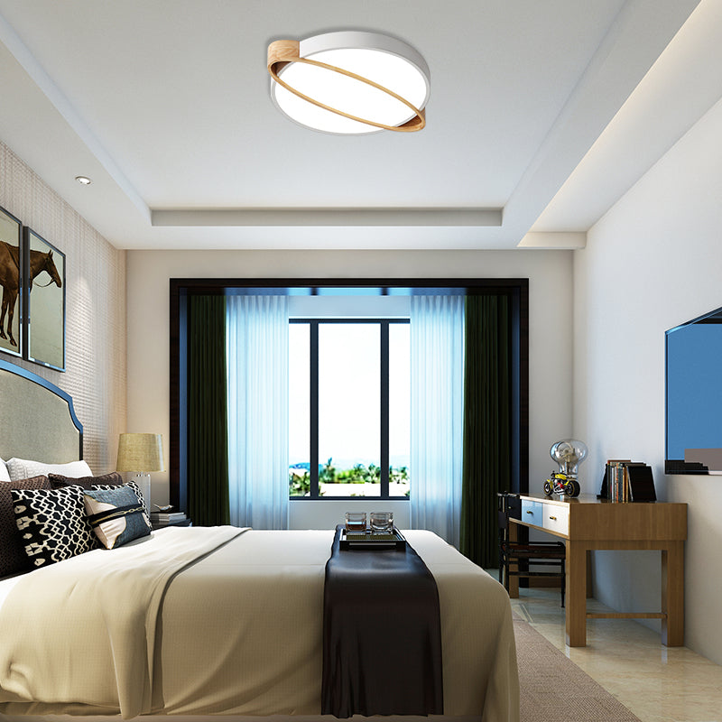 Orbit Design Ceiling Mount Lamp Nordic Acrylic Bedroom LED Flushmount Lighting in White/Green/Grey with Oval Wood Insert, 16"/19.5"/23.5" W Clearhalo 'Ceiling Lights' 'Close To Ceiling Lights' 'Close to ceiling' 'Flush mount' Lighting' 369344