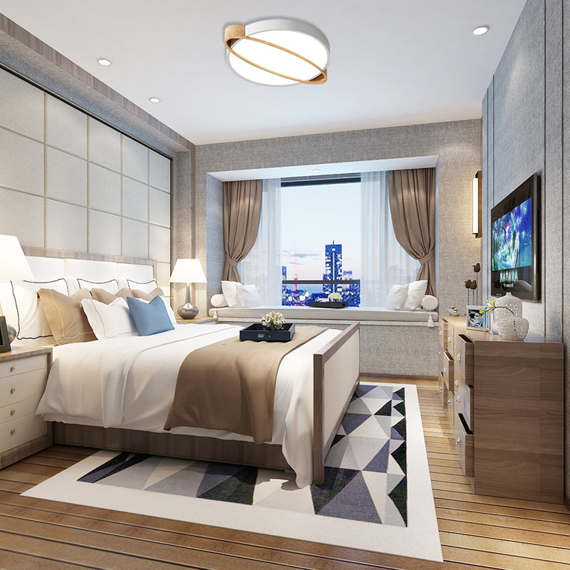 Orbit Design Ceiling Mount Lamp Nordic Acrylic Bedroom LED Flushmount Lighting in White/Green/Grey with Oval Wood Insert, 16"/19.5"/23.5" W Clearhalo 'Ceiling Lights' 'Close To Ceiling Lights' 'Close to ceiling' 'Flush mount' Lighting' 369347