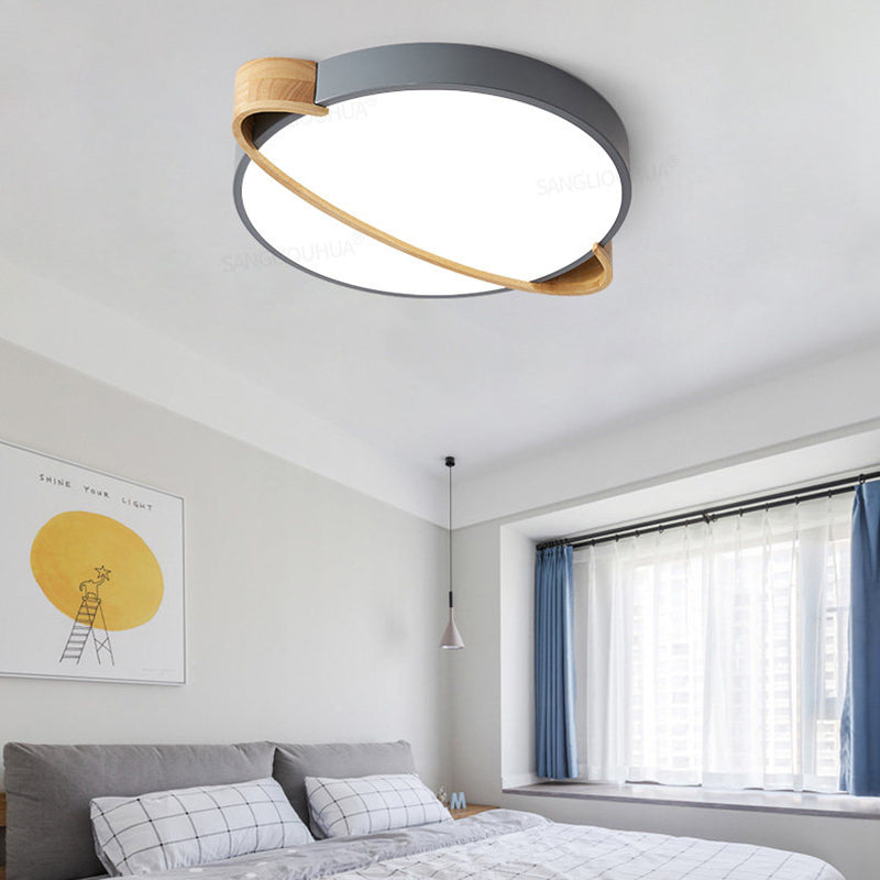 Orbit Design Ceiling Mount Lamp Nordic Acrylic Bedroom LED Flushmount Lighting in White/Green/Grey with Oval Wood Insert, 16"/19.5"/23.5" W Grey 16" Clearhalo 'Ceiling Lights' 'Close To Ceiling Lights' 'Close to ceiling' 'Flush mount' Lighting' 369349