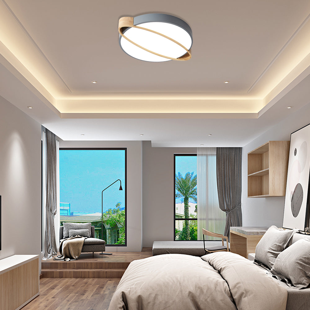 Orbit Design Ceiling Mount Lamp Nordic Acrylic Bedroom LED Flushmount Lighting in White/Green/Grey with Oval Wood Insert, 16"/19.5"/23.5" W Clearhalo 'Ceiling Lights' 'Close To Ceiling Lights' 'Close to ceiling' 'Flush mount' Lighting' 369350