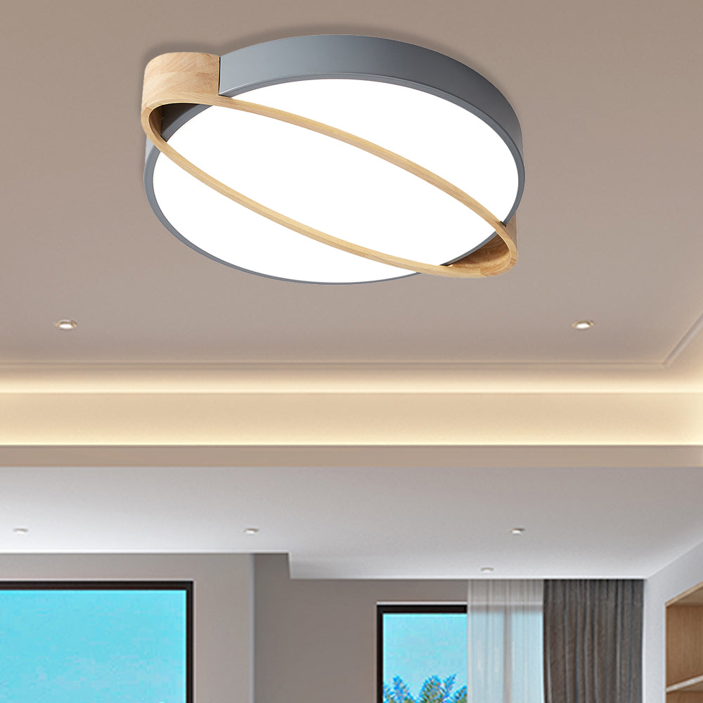 Orbit Design Ceiling Mount Lamp Nordic Acrylic Bedroom LED Flushmount Lighting in White/Green/Grey with Oval Wood Insert, 16"/19.5"/23.5" W Grey 19.5" Clearhalo 'Ceiling Lights' 'Close To Ceiling Lights' 'Close to ceiling' 'Flush mount' Lighting' 369353